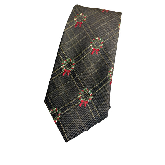 Roundtree & Yorke Christmas Silk Tie Mens Holiday Wreath Plaid Necktie 4x60 - Picture 3 of 11